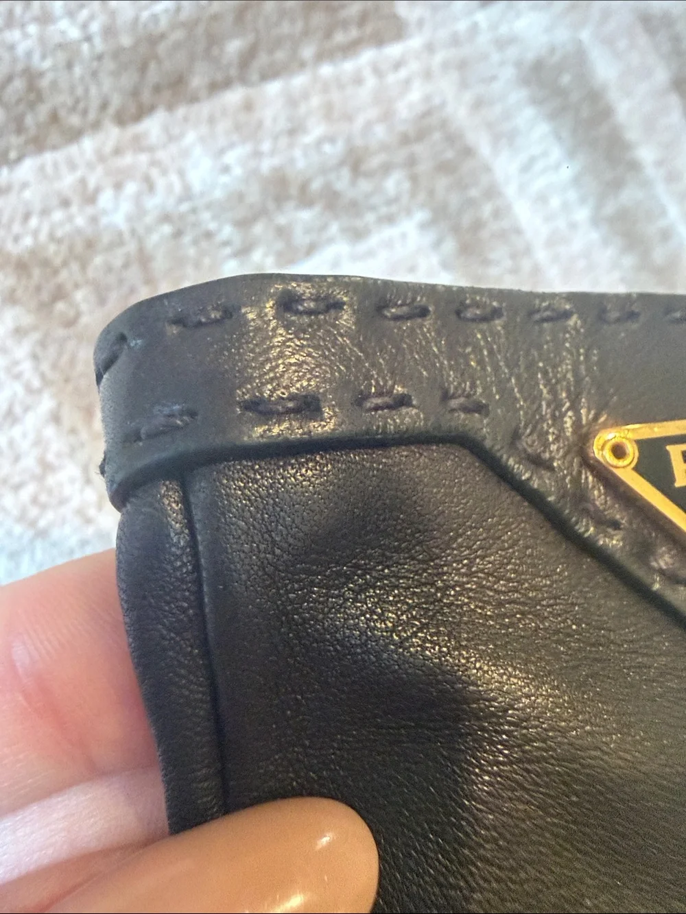 Prada Black Leather Gloves with Gold Triangle Logo
